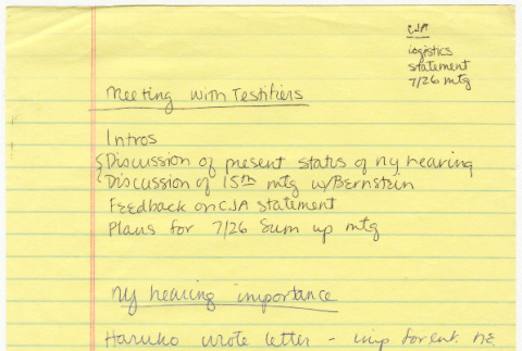 Handwritten notes on Metting with Testifiers (ddr-densho-352-34)