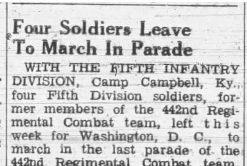 Clipping titled:  Four Soldiers Leave to March in Parade (ddr-densho-474-237)