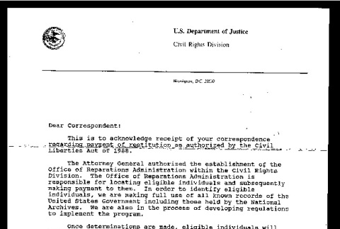 Letter from Robert K. Bratt, Reparations Administrator,  U.S. Department of Justice to Dear Correspondent, 1988 (ddr-csujad-55-86)