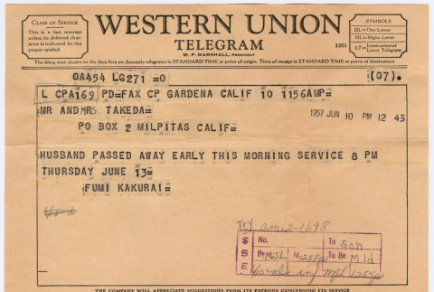 Telegram from Fumi Kakurai to Mr. and Mrs. Takeda (ddr-densho-501-288)