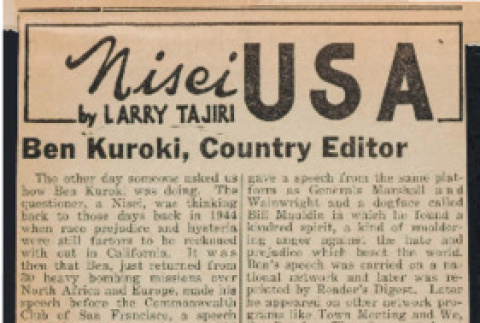 Newspaper clipping featuring Ben Kuroki (ddr-csujad-49-255)