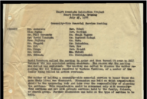 Minutes from the Community-Wide Memorial Service meeting, July 27, 1944 (ddr-csujad-55-723)