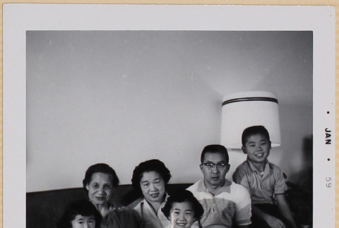 Hardy, Yoshiko, William, Susan and Leslie Shiomi with unidentified woman (ddr-densho-522-498)