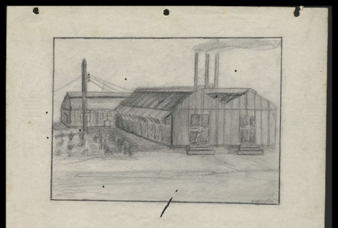 Pencil drawing of Poston barracks and garden (ddr-csujad-55-1894)