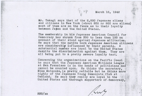 Memo from Roger Baldwin Of the ACLU regarding the Japanese American Council for Democracy (ddr-densho-122-417)