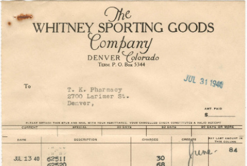 Invoice from Whitney Sporting Goods Co. (ddr-densho-319-542)