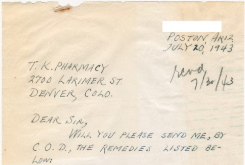 Letter sent to T.K. Pharmacy from Poston (Colorado River) concentration camp (ddr-densho-319-471)