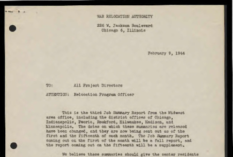 Memo from Vernon R. Kennedy, Relocation Supervisor, War Relocation Authority, to all Project Directors, February 9, 1944 (ddr-csujad-55-812)