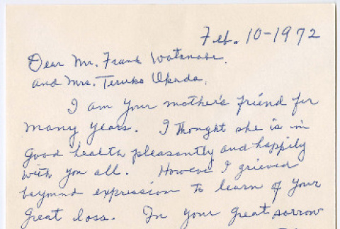 Letter from Mrs. Zen Amano to Frank Watanabe and Teruko Okada (Mary Mon Toy) (ddr-densho-488-68)