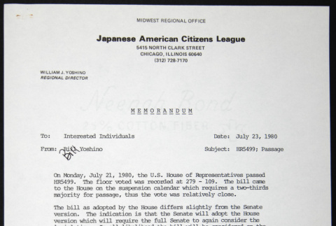 Memo to Interest Individuals from Bill Yoshino (ddr-chijacl-1-195)