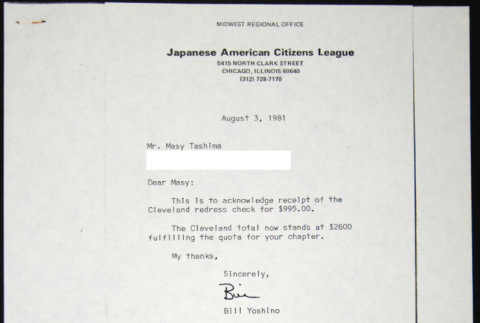 Letter and copy of check and receipt to Masy Tashima from Bill Yoshino (ddr-chijacl-1-599)