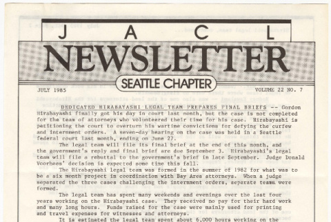 Seattle Chapter, JACL Reporter, Vol. XXII, No. 7, July 1985 (ddr-sjacl-1-349)