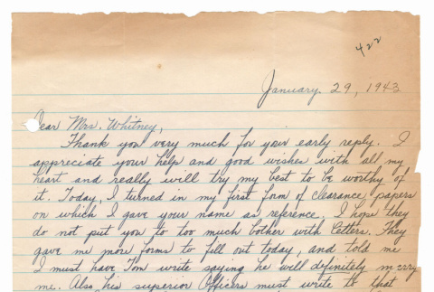 [ Letter to Mrs. Whitney from Shizuye Fukuda | January 29, 1943 ] (ddr-janm-22-111)