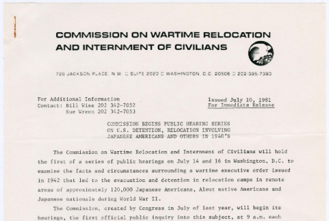 Press Release and agenda for CWRIC hearings in Washington, D.C. (ddr-densho-122-252)