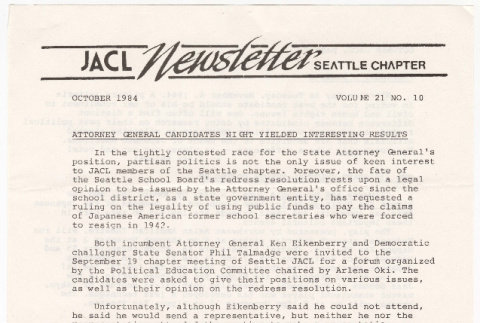 Seattle Chapter, JACL Reporter, Vol. XXI, No. 10, October 1984 (ddr-sjacl-1-340)