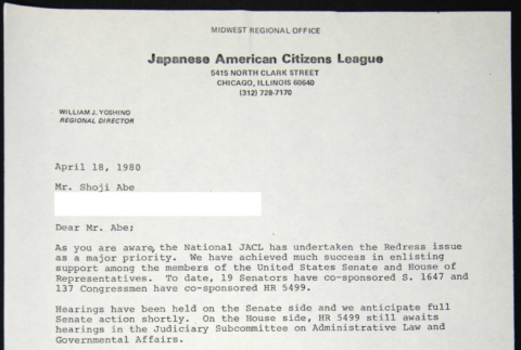 Letter to Shoji Abe from William Yoshino (ddr-chijacl-1-498)