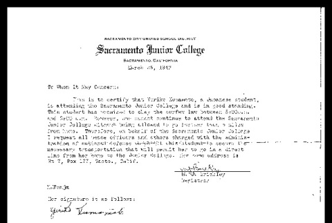 Letter from M.J. Brickley, Registrar, Sacramento Junior College, to whom it may concern, March 26, 1942 (ddr-csujad-55-1302)