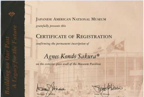 Certificate of Registration at JANM for Agnes Kondo Sakura (ddr-densho-523-697)