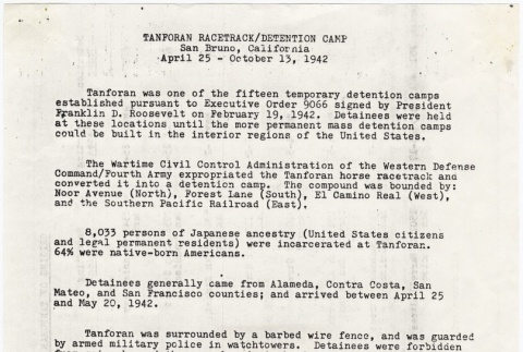 Information sheet about the Tanforan Racetrack/Detention Center (ddr-janm-4-22)