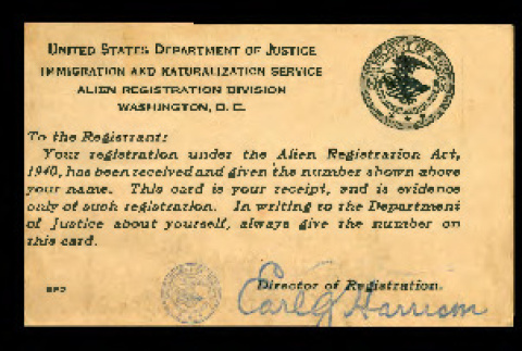Alien registration receipt card, Form AR-3, Takaichi Tsukamoto (ddr-csujad-55-1288)
