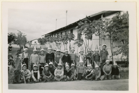 Children dressed in homemade headdresses (ddr-densho-37-1284)