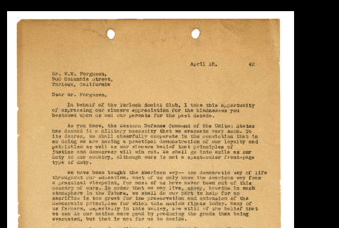 Letter from Tsuneo Iwata to Mr. W.W. Ferguson, April 18, 1942 (ddr-csujad-46-14)