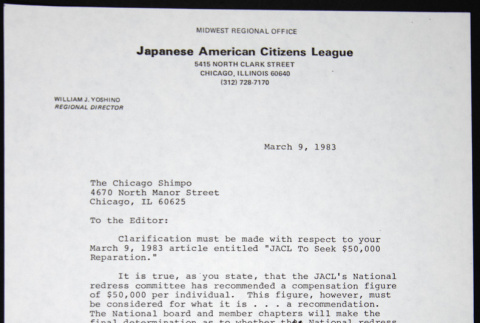 Letter to The Chicago Shimpo from William Yoshino (ddr-chijacl-1-764)