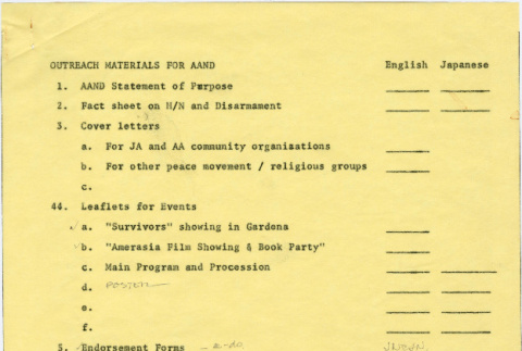 Outreach planning material for Asian Americans for Nuclear Disarmament (ddr-densho-444-32)