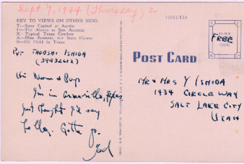 Postcard from Tadashi Ishida to Mr. & Mrs. Y Ishida (ddr-densho-535-412)