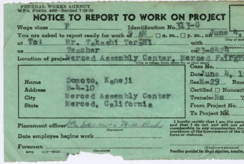 Notice to report to work for Kaneji Domoto (ddr-densho-329-979)