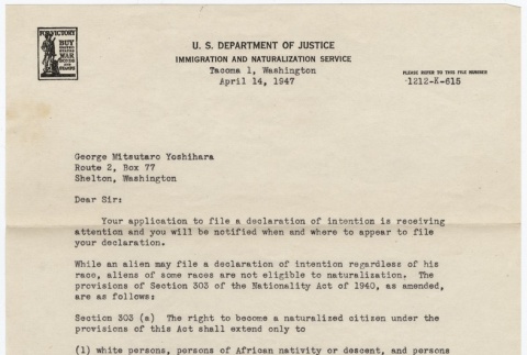 U.S. Department of Justice Immigration and Naturalization Service response to George M. Yoshihara (ddr-densho-332-55)