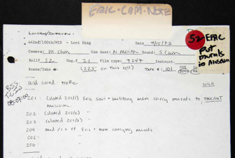 Eric Saul camera notes for Nisei Soldier (ddr-densho-1007-1393)