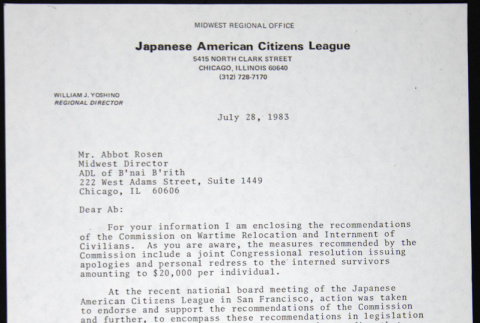 Letter to Abbot Rosen from the ADL of B'nai B'rith from William Yoshino (ddr-chijacl-1-753)