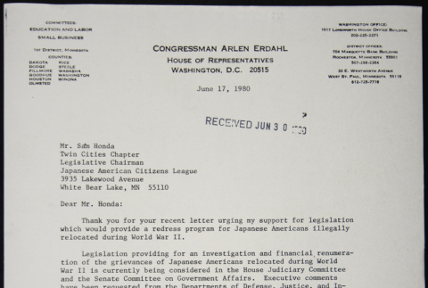 Letter to Sam Honda from Arlen Erdahl (ddr-chijacl-1-342)