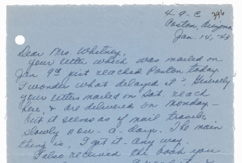 [ Letter to Mrs. Whitney from Fumiko Fukuda | January 14, 1943 ] (ddr-janm-22-102)