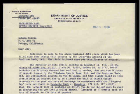 Letter from Arthur R. Schor, Chief, Claims Section, Office of Alien Property, Department of Justice, to Sadae Hirota, March 3, 1958 (ddr-csujad-55-1903)