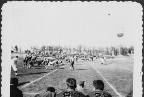 Football players sitting on bench watching game (ddr-densho-434-477)