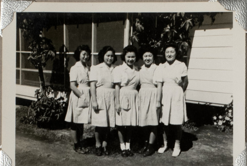 Five women in matching white uniforms (ddr-densho-587-34)