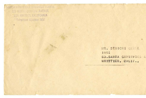 Envelope from Honmpa Hongwanji Los Angeles Betsuin to Mr. Seiichi Okine, February 11, 1947 (ddr-csujad-5-223)