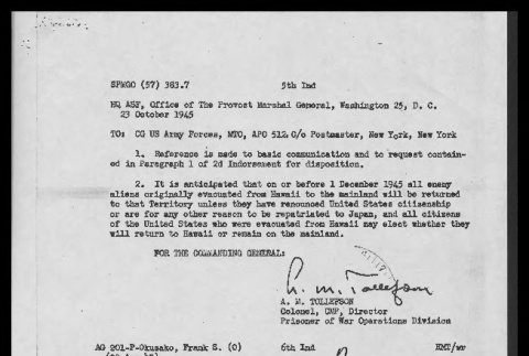 Memo from A.M. Tollefson, Colonel, CMP, Director, Prisoner of War Operations Division to CG US Army Forces, October 23, 1945 (ddr-csujad-55-231)