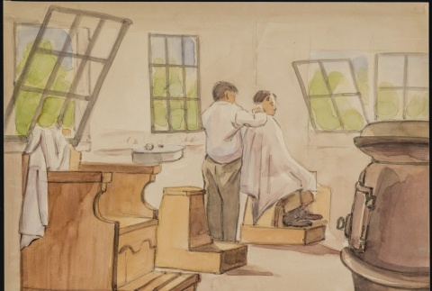 Painting of the barber shop at Santa Fe Internment Camp (ddr-manz-2-29)