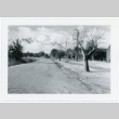 Photograph of a side road facing the Sierra Nevada with barracks on the side (ddr-csujad-47-343)