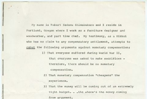 Robert Shimabukuro testimony for redress (ddr-densho-1007-1455)