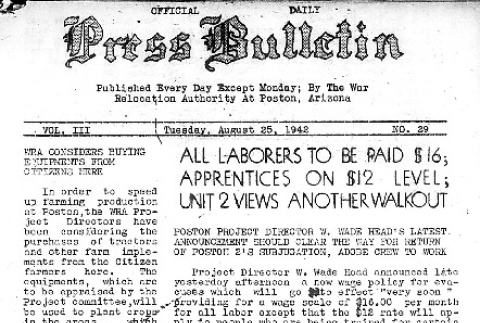 Poston Official Daily Press Bulletin Vol. III No. 29 (August 25, 1942) (ddr-densho-145-90)