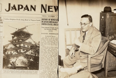 A clipping from Japan News and a man seated in a chair (ddr-njpa-1-2416)