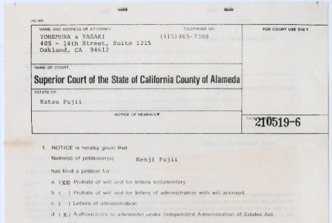 Probate filing for estate of Katsu Fujii (ddr-densho-578-34)