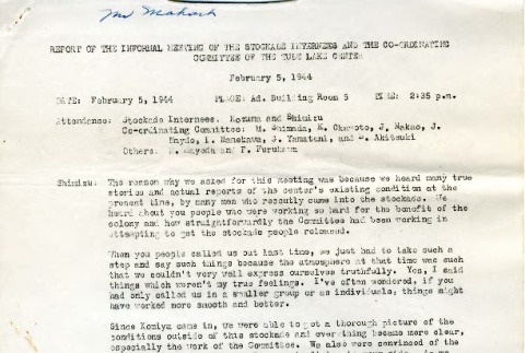Report of the informal meeting of the stockade internees and the Co-ordinating Committee of the Tule Lake Center (ddr-csujad-2-102)
