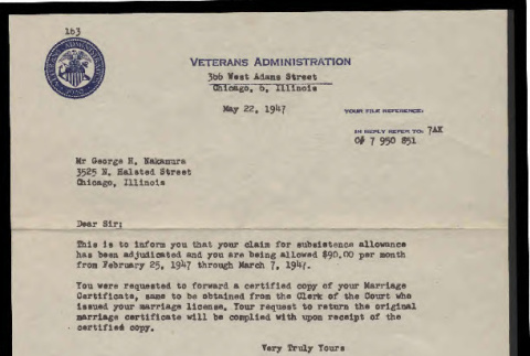 Letter from Paul C. Dougherty, Chief, Vocational Rehabilitation and Education Division, to George H. Nakamura, May 22, 1947 (ddr-csujad-55-2158)