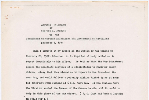 Statement by Calvert Dedrick to the Commission on Wartime Relocation and Internment (CWRIC) (ddr-densho-122-286)