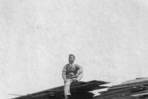 Man sitting on large stack of lumber (ddr-ajah-6-416)